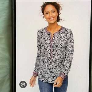 Talbots Navy and White Floral Split-Neck Blouse with Pink Trim